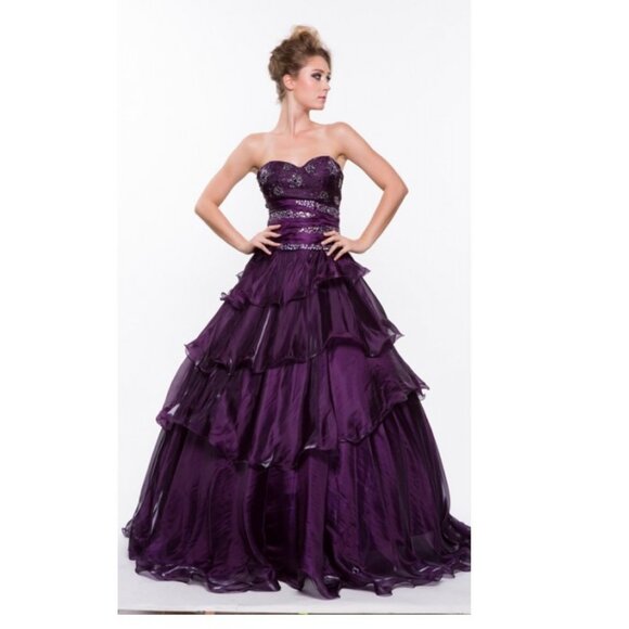 NWT Women Sleeveless Ruffle Prom Gown Wedding Dresses Purple Princess Ball - Picture 5 of 12